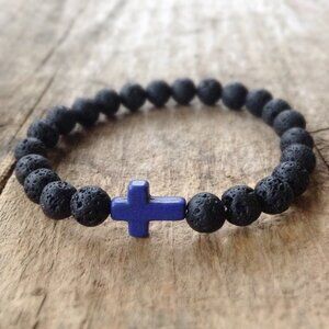 Cobalt Blue Cross Black Lava Stone Beaded Stretch Bracelet 10mm beads - 8 inches